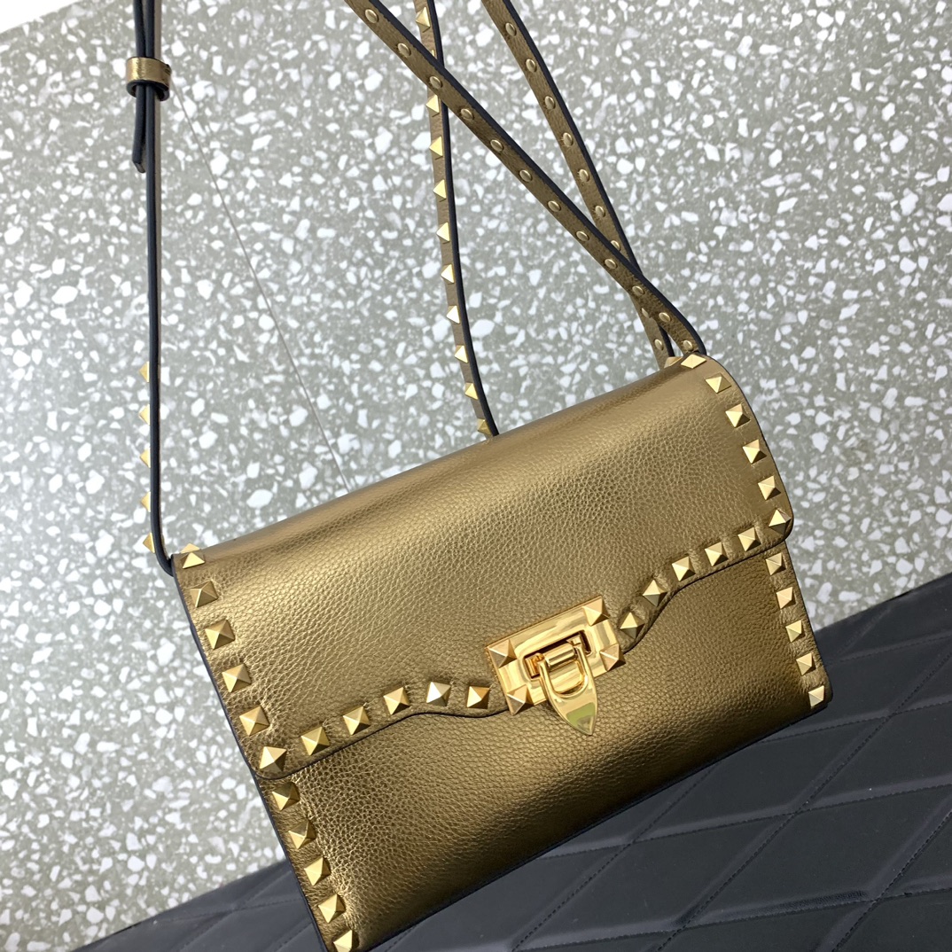 Valentino Garavani Rockstud Crossbody Bag in Gold Grainy Calfskin